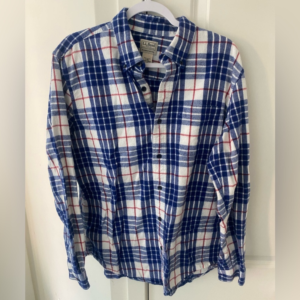 L.L. Bean Blue, White & Red Plaid Long-Sleeve Button-Down